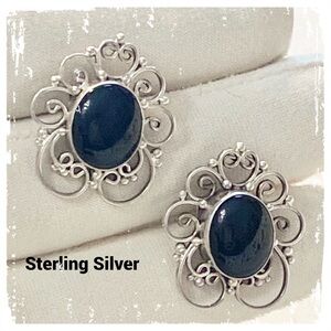 Black Onyx Sterling Silver Mexico Filigree Post Back Earrings